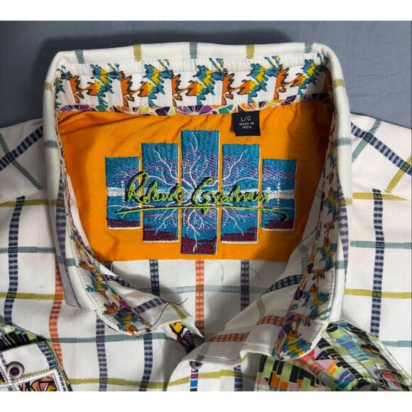 Robert Graham Button Up Plaid Shirt White Orange Embroidered Cuff Size Large L - Picture 4 of 12